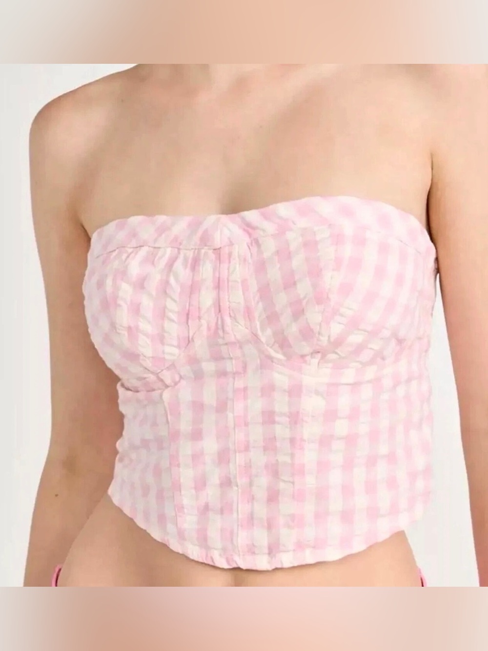 Free People Pink Gingham Smocked Back Strapless Corset Tube Top NWT Size L